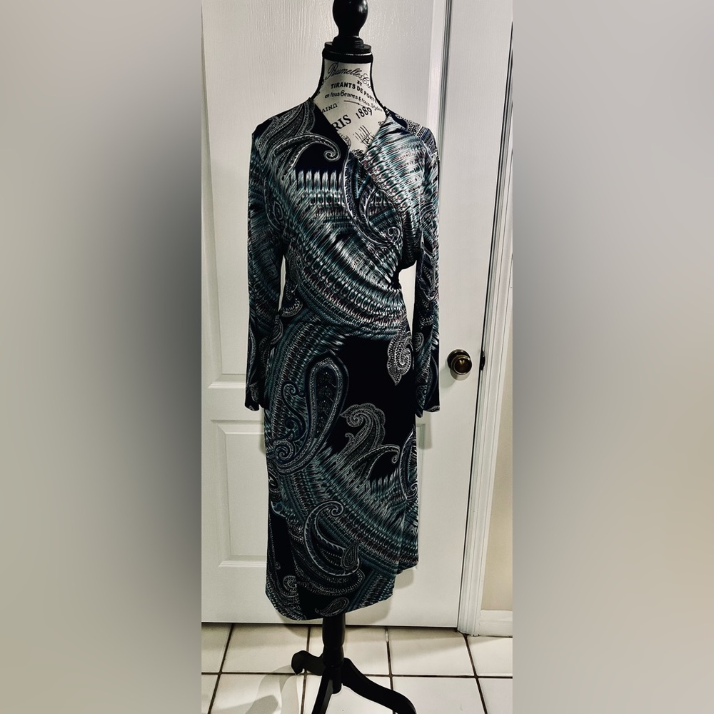 Renee C. Women’s Dress 2x Wrap Paisley Print Long Sleeve Belted Dress